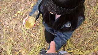 Handsome bad boy pours angry piss on hot MILFs while she sucks and swallows it in her outdoor setting