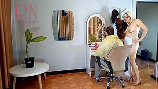 Naked body of seductive housewife who strikes down to expose her naked body in apron spy camera