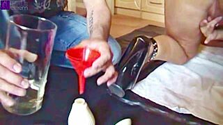 In hardcore 3some MILF gets her ass fucked and peed on