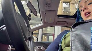 Pubic area is clean in a public car sex scene; woman with a shaved pussy gets fucked