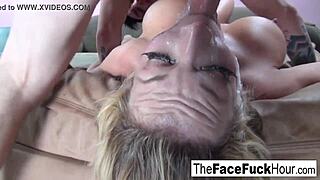 Big breasted Slut takes a throat ramming and facial