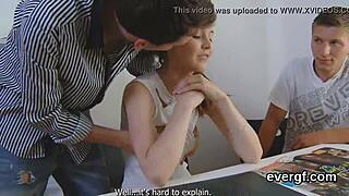 Two guys fuck cute babe in a steamy threesome