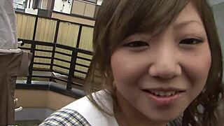 Japanese teen slut goes down on her knees to jerk off a blowjob