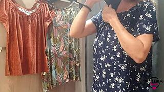 Sexy milf without a bra and with large nipplestoolStrip