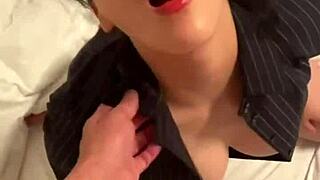 Asian married woman enjoys a spew on her large chest