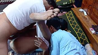 Tits in the wild and big cock in a hot threesome with an Indian girlfriend