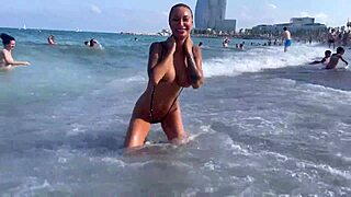 Monika fox plays with her nice big natural boobs and fake tits in public