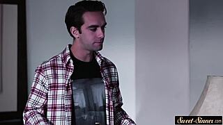 Stepping mother wearing high heels and stocking starts having fun with her stepson