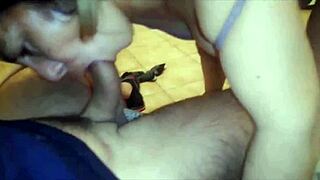 Watch my mature neighbor cum on her face during intense blowjob while we view porn video together