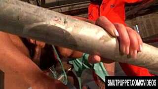 Horny brunette Valery Summer gets screwed at construction site in threesome with facial and blowjob