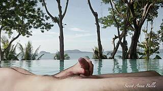 my man's wild vacation jerk-off by the public pool shocked everyone watching
