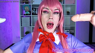 Yuno Gasai Cosplay anaali-scenet creampieilla ja kädellä perseessä