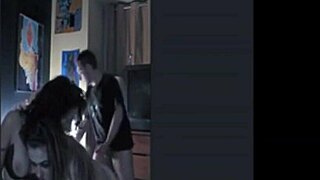 a casual threesome with a blonde friend on the sofa, involving sucking, licking, fucking, and assfucking