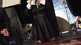 Cum inside a religious setting as these big boobed milfs ride and show off in heels