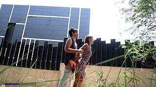 Finding a spot to fuck outdoors and cum in mouth.