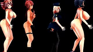four girls with big tits dancing in anime hentai style video, full of energy and fun.