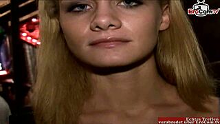 Skinny Blonde Bitch with Silicone Tits Receives Belly Cumshot