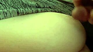 Jerking Cock on Wife's Amazing Natural 42F Big Tits