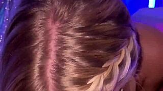 Stunning busty blonde performs titty fuck blowjob and cowgirl in lingerie for first porn behind the scenes