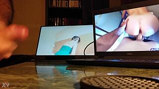 Guy masturbates intensely at desk with computer