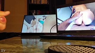 Guy masturbates intensely at desk with computer