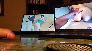 Guy masturbates intensely at desk with computer