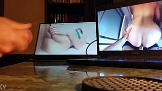 Guy masturbates intensely at desk with computer