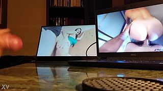 Guy masturbates intensely at desk with computer