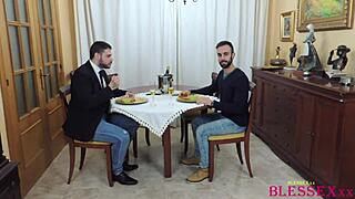 Family meal turns into gay blowjob session with cock sucking