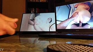 Guy masturbates intensely at desk with computer