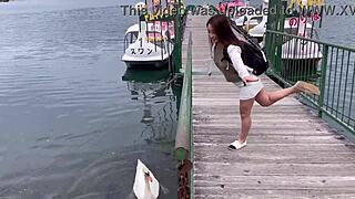 Exciting boat ride in Kawaguchi Lake mini skirt