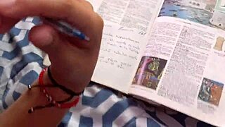 Finding stepsister doing homework and teaching her a fun game