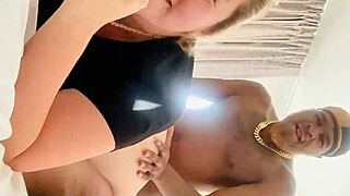 A big boobed MILF strokes her clit before taking a creampie from her old man