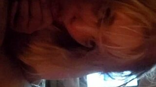 Busty blonde BBW gives blowjob with her big tits