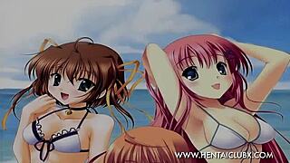 Nude anime characters relax on ecchi beach with music.