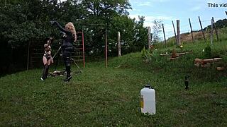 A dominant femdom trains gothic shemale