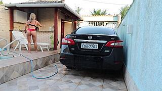 Blonde Milf Gives Tight Pussy After Washing Friend's Car