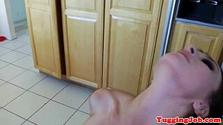 Real Babe Tugs Neighbor's Dick Until Cum Spills on Fake Tits in Close-Up Handjob