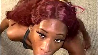 ebony teen deepthroats monster cock on sofa