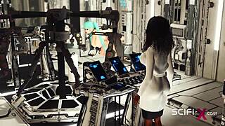 A Teen in cuffs gets a hard and rough sex from a sex robot in a lab
