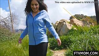 Outdoor scene with public Latina milf flashing her tits and ass