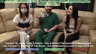 Bent over a desk and being gyno examined by a doctor in gloves
