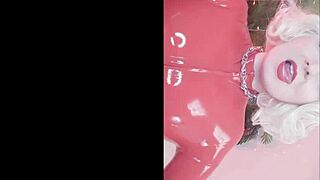 Arya Grander busty blonde MILF in red latex rubber catsuit tease with strap on