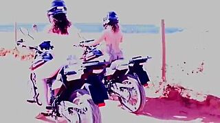 Two Tattooed Women Ride Big Asses On Motorcycle For Oral Creampie