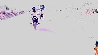 Two Tattooed Women Ride Big Asses On Motorcycle For Oral Creampie