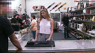 In the pawnshop, the visitor buffs the owner's knob and plays with the cum.