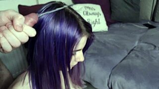 Intense Blowbang Covers Purple Hair With Cum