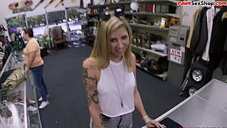 In the pawnshop, the visitor buffs the owner's knob and plays with the cum.