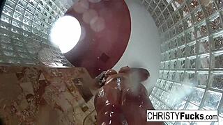 Hot Brunette Pornstar Enjoys Oral Fun in Shower with Christy Dahlia