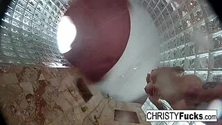 Hot Brunette Pornstar Enjoys Oral Fun in Shower with Christy Dahlia